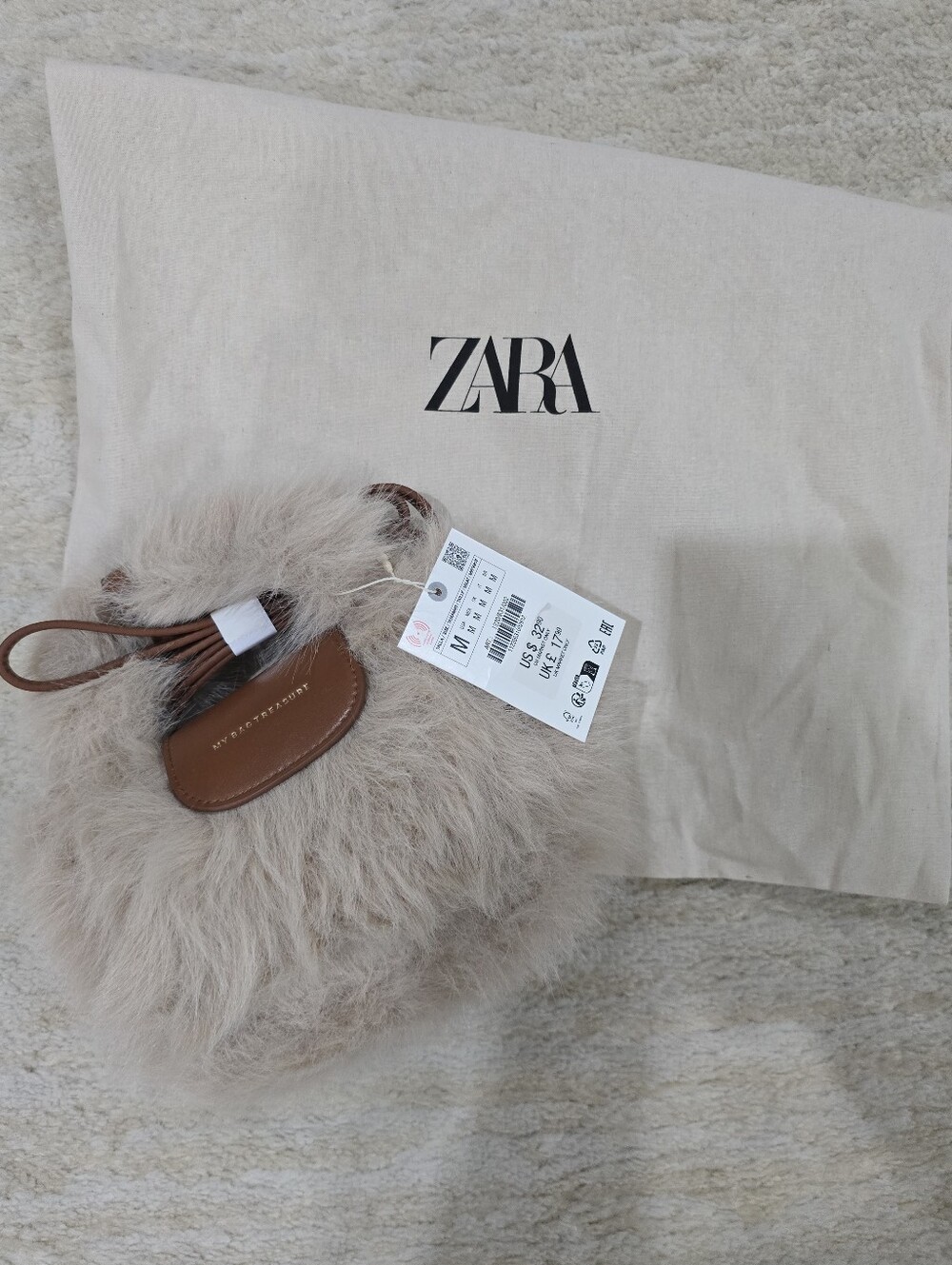 ZARA Beige Faux Fur Mini Bag with Brown Trim